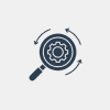 Magnifying glass and gear with arrows icon.